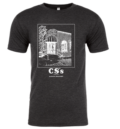 CS's restaurant jackson, ms tee shirt in dark heather grey with white ink and building facade