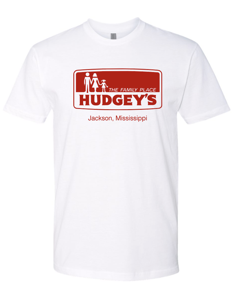 White t-shirt with red hudgey's the family place jackson mississippi graphic and text on a white background