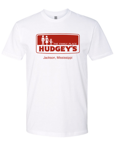 White t-shirt with red hudgey's the family place jackson mississippi graphic and text on a white background