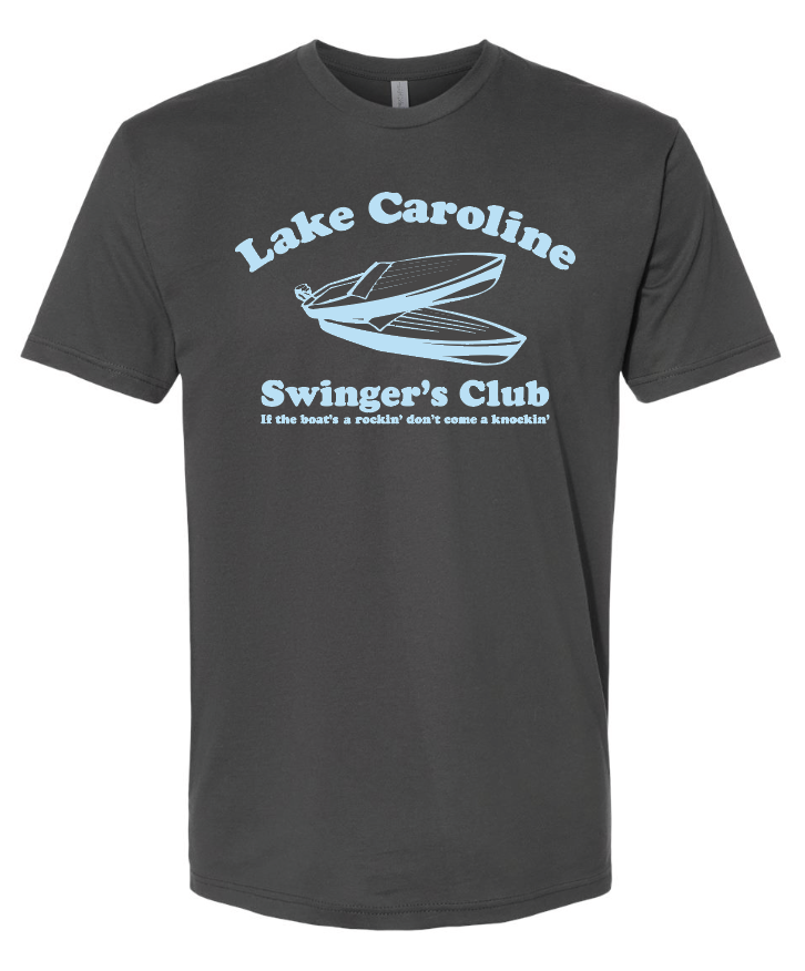 Gray t-shirt with 'Lake Caroline Swinger's Club' text and graphic on a white background