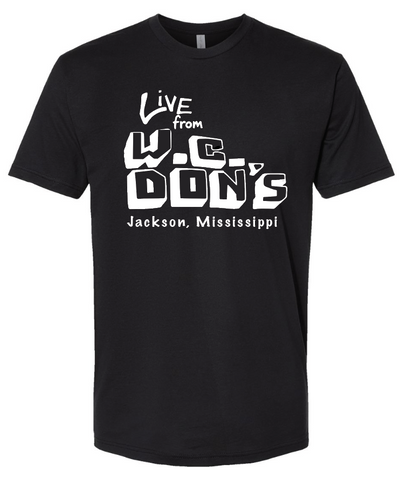black short sleeve t-shirt with live from w.c. don's jackson mississippi in white ink