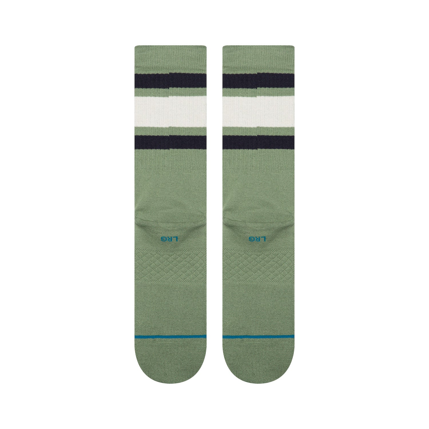 Pair of green stance men's boyd st crew socks with black and white stripes on a white background