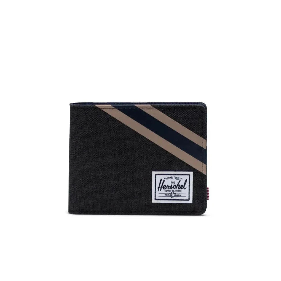 black herschel bi-fold wallet with a blue and tan stripe