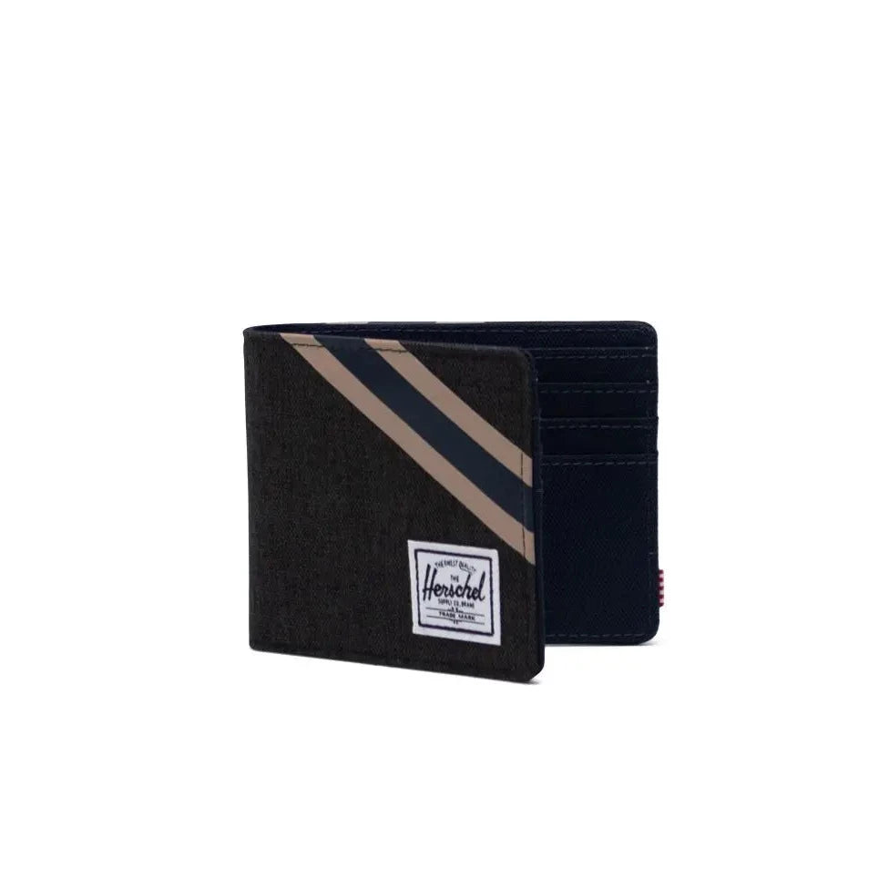 black herschel bi-fold wallet with a blue and tan stripe