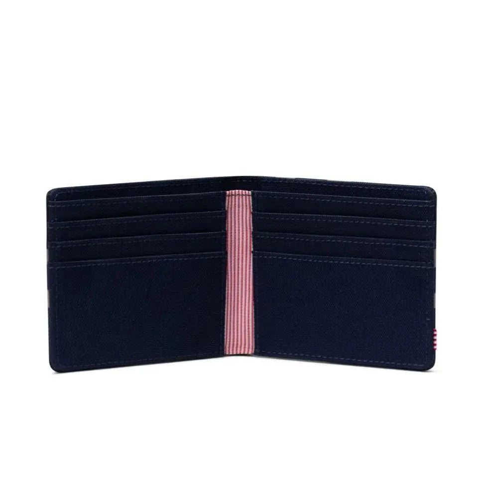 black herschel bi-fold wallet with a blue and tan stripe