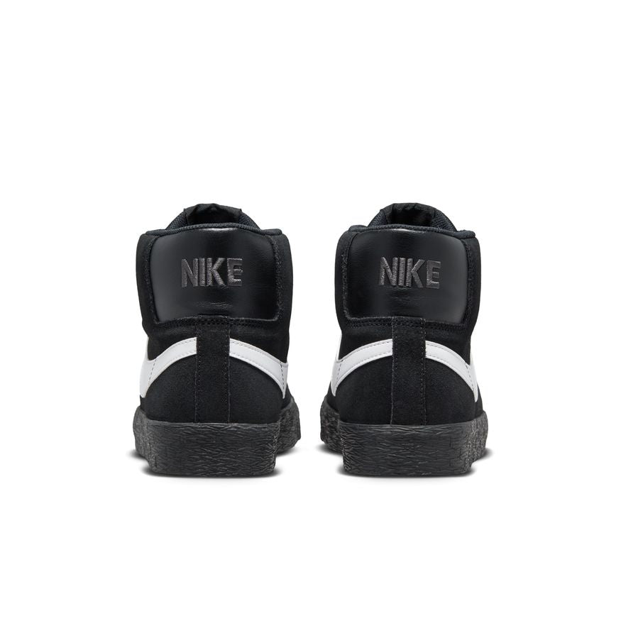 black nike sb blazer mid with white swoosh and black sole