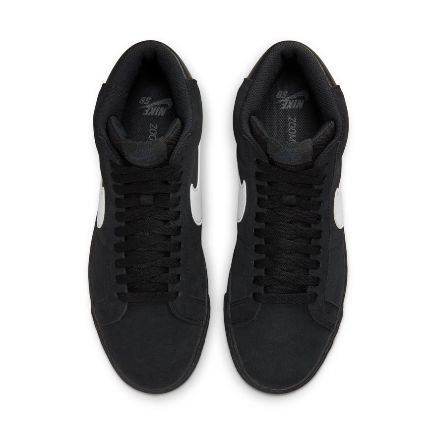 black nike sb blazer mid with white swoosh and black sole