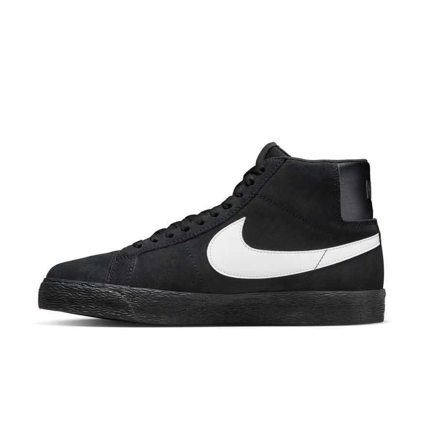 black nike sb blazer mid with white swoosh and black sole