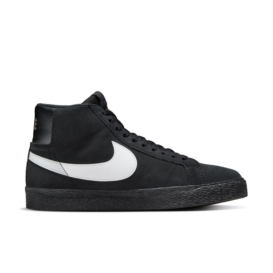 black nike sb blazer mid with white swoosh and black sole