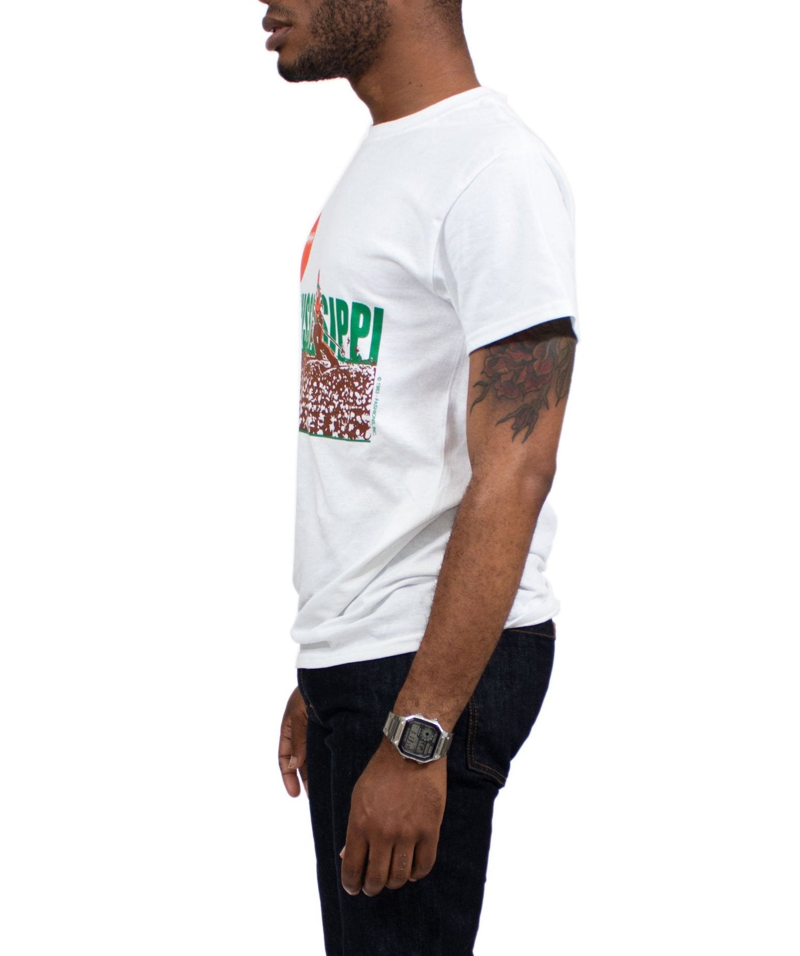 tee shirt featuring the ski mississippi logo in green brown and orange