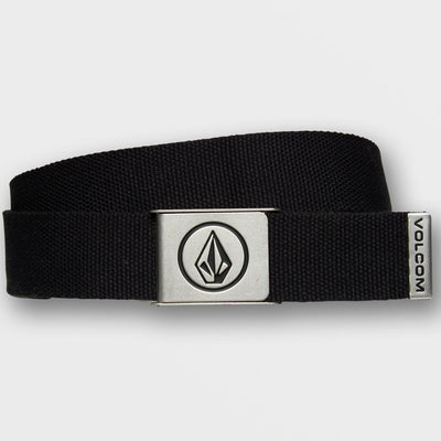 An black volcom circle woven web belt with a silver metal buckle featuring a circular black logo, coiled on a plain white background.