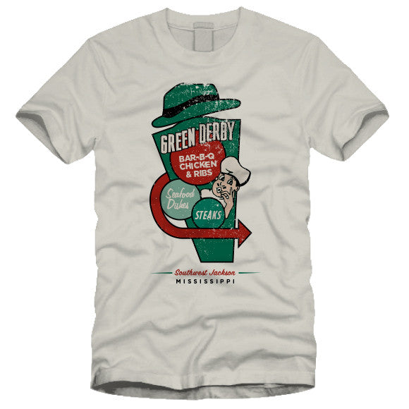 tee shirt featuring the green derby restaurant south west jackson mississippi  logo