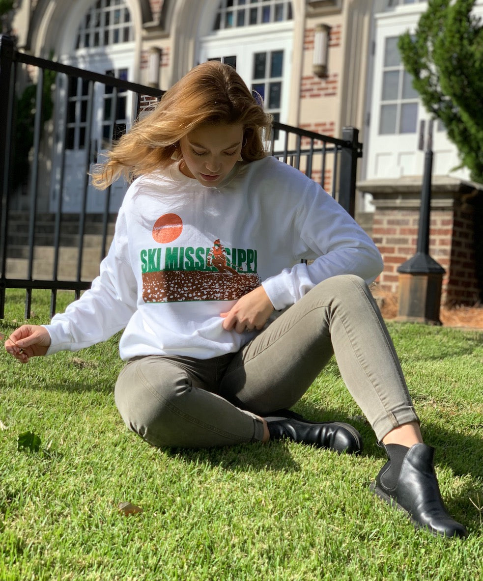 crew neck sweatshirt featuring the ski mississippi logo in green brown and orange