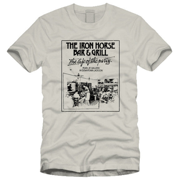 tee shirt featuring the iron horse bar and grill in downtown jackson mississippi with the slogan the life of the party