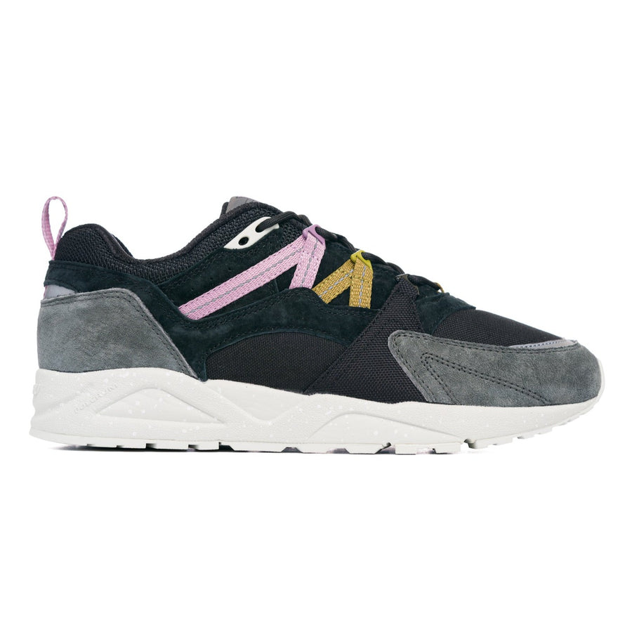 grey and black karhu men's shoe with brown and pink details