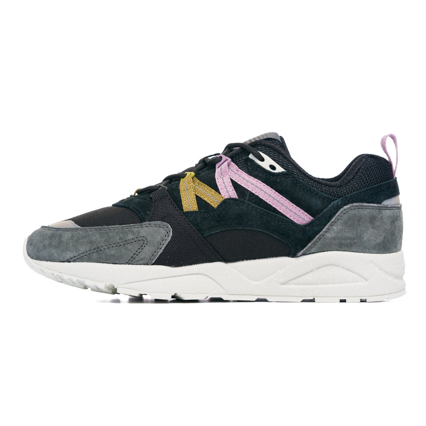 grey and black karhu men's shoe with brown and pink details