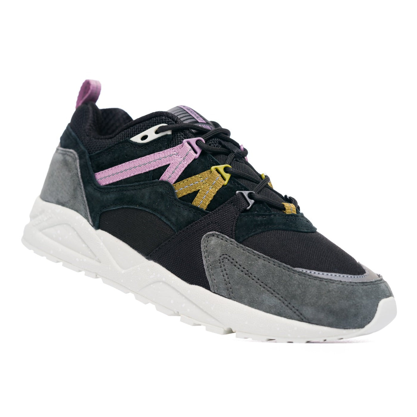 grey and black karhu men's shoe with brown and pink details