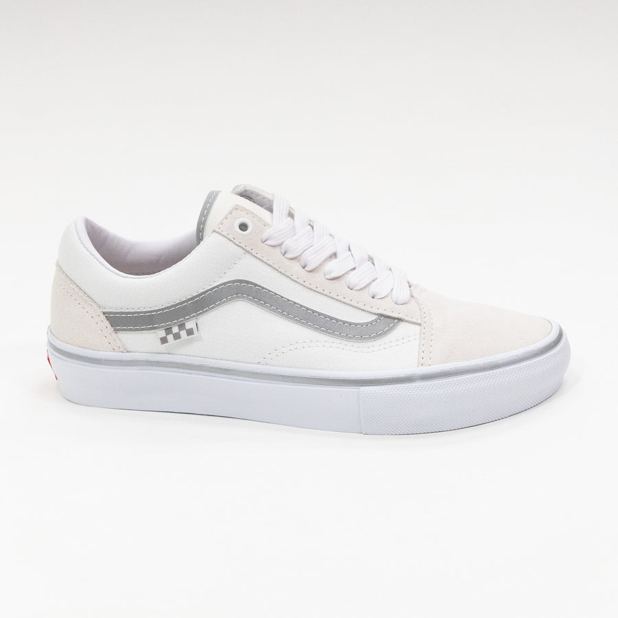 white women's old skool with reflective silver sidestripe and white sole