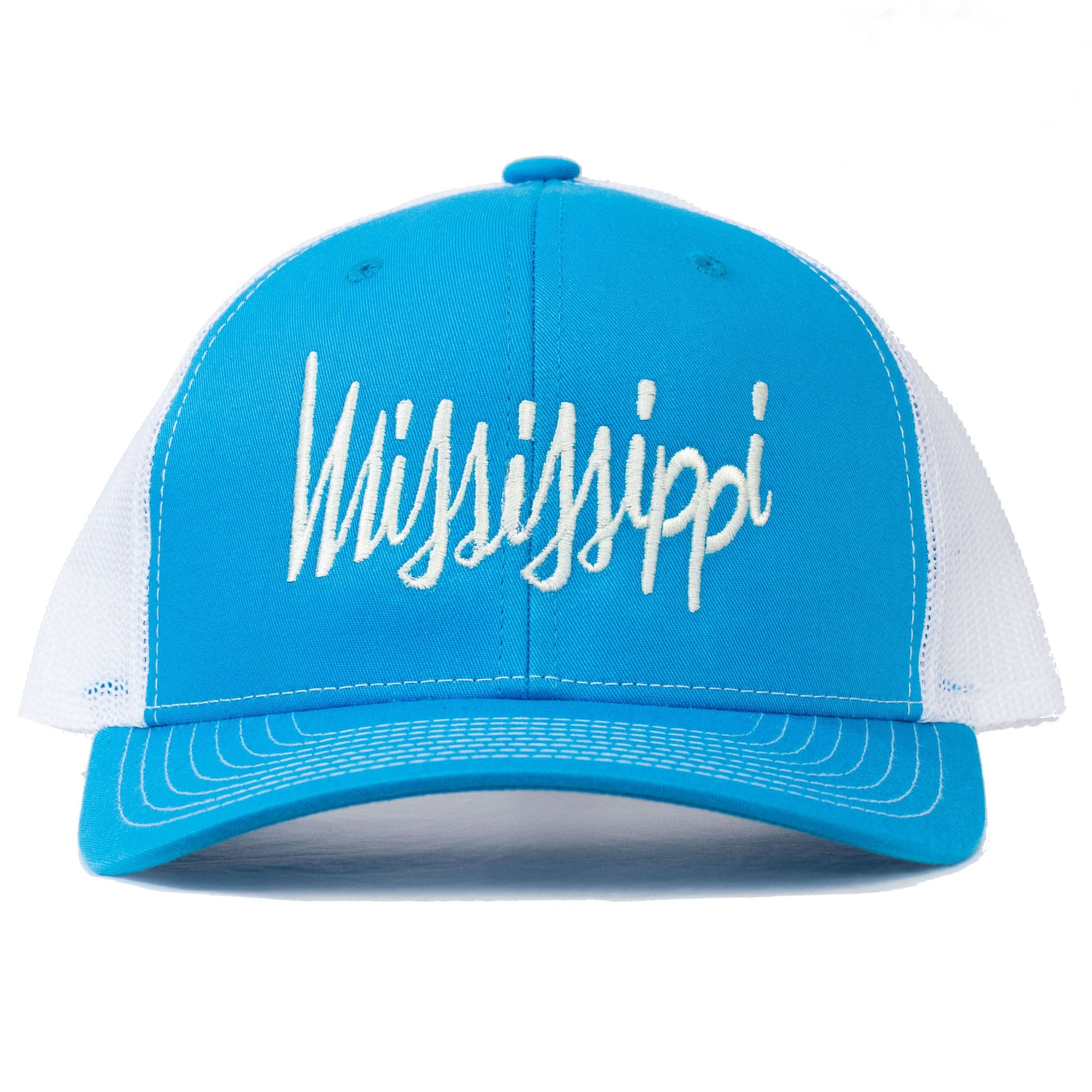 embroidered hat with mississippi in cursive font