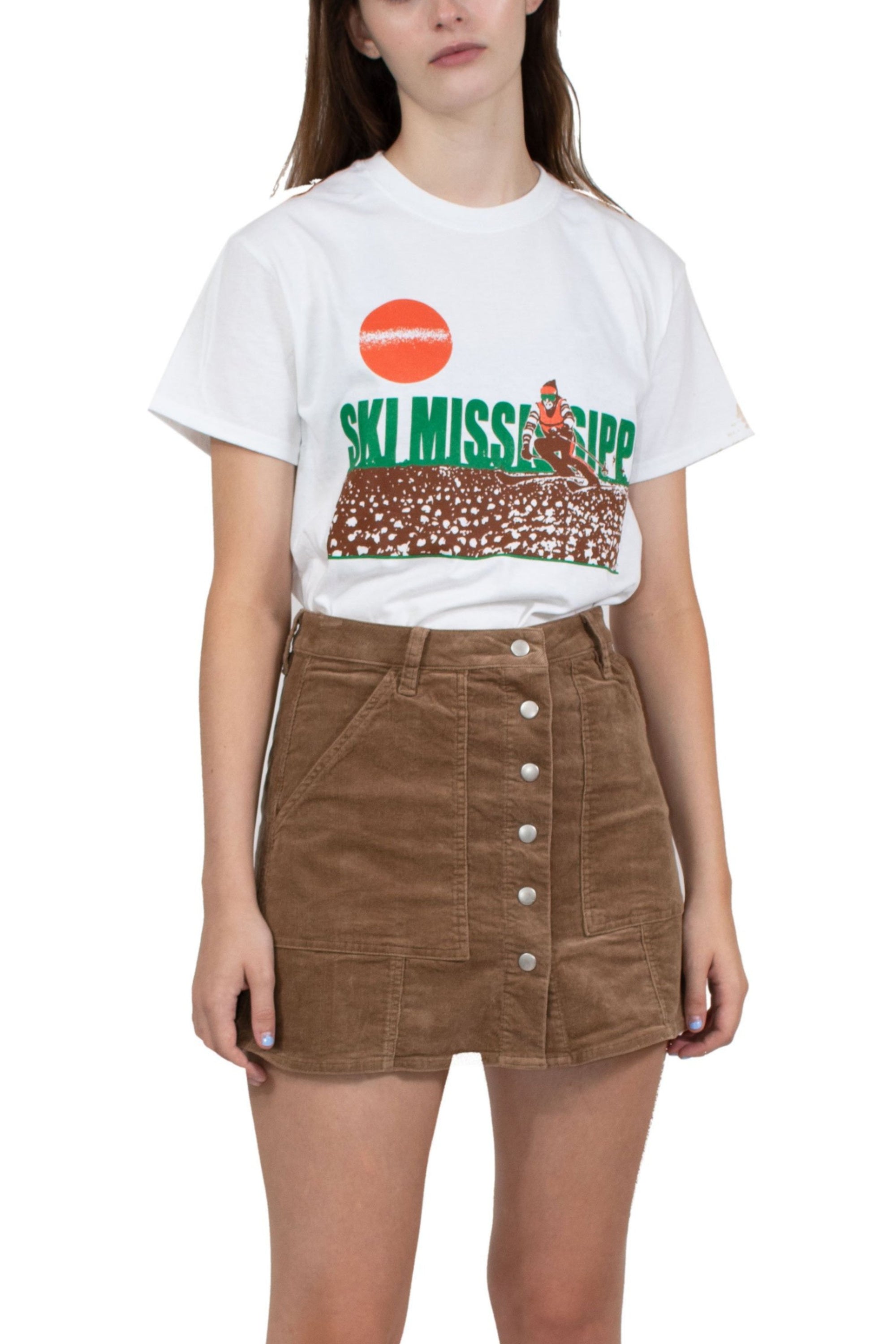 tee shirt featuring the ski mississippi logo in green brown and orange