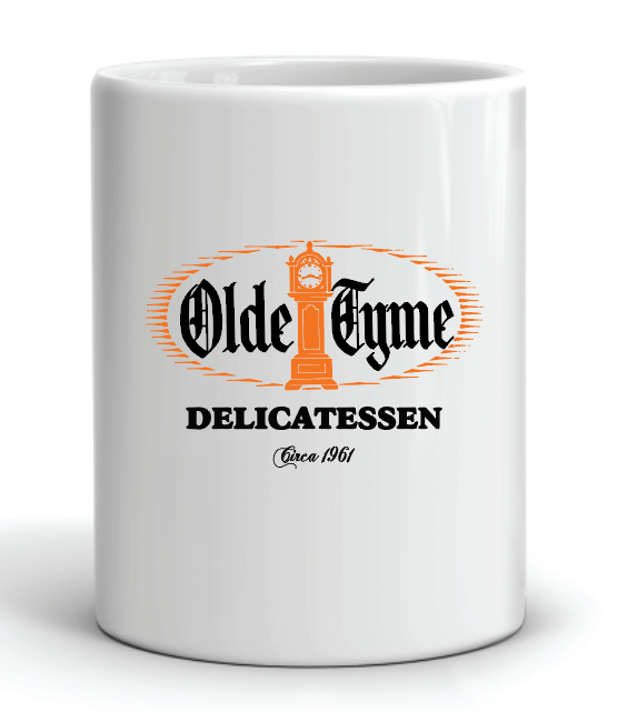 coffee mug with the old tyme delicatessen circa 1961 logo