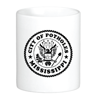 coffee mug with city of potholes mississippi and run jxn on it