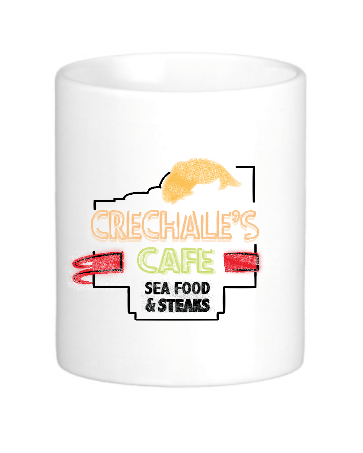 coffee cup featuring the crecheles care seafood and steaks