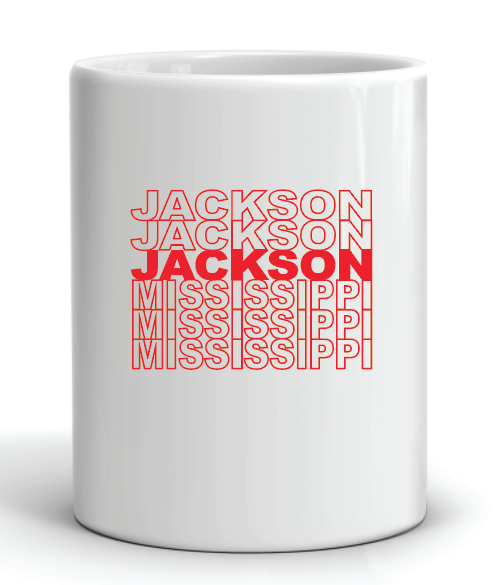 coffee mug featuring jackson mississippi written like the classic plastic thank you grocery bag