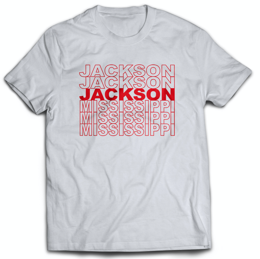tee shirt featuring jackson mississippi written like the classic plastic thank you grocery bag