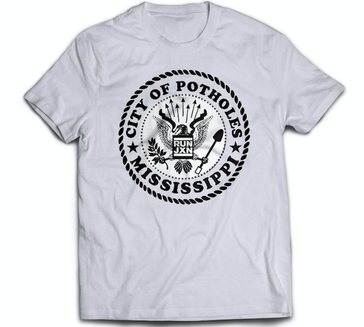 tee shirt with city of potholes mississippi and run jxn on it