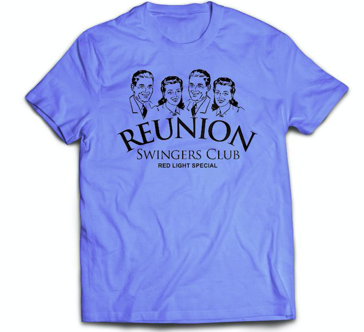 tee shirt featuring 4 people and the slogan reunion swingers club red light special madison mississippi