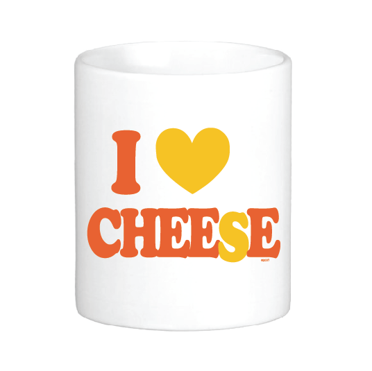 coffee mug with the slogan i love cheese