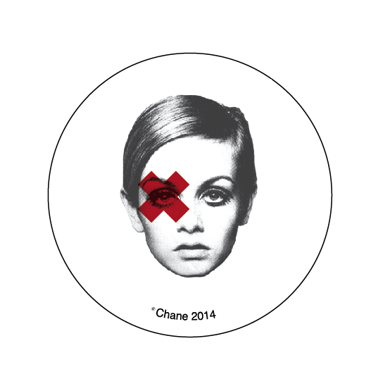 button featuring iconic super model twiggy or perhaps edie sedgwick with a red X over her right eye