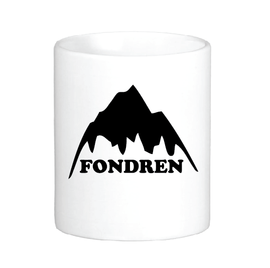coffee mug featuring the word fondren in the style of the burton logo