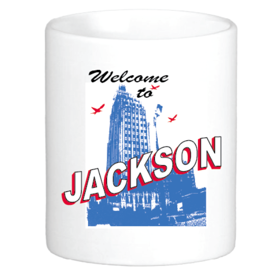 coffee mug featuring the king edward and standard life hotels and the slogan welcome to jackson