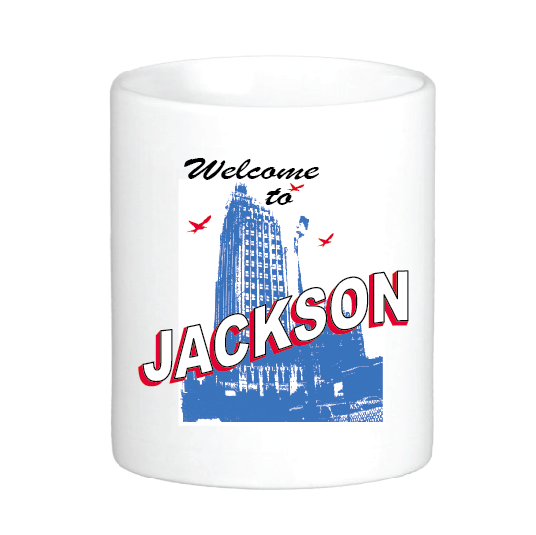 coffee mug featuring the king edward and standard life hotels and the slogan welcome to jackson
