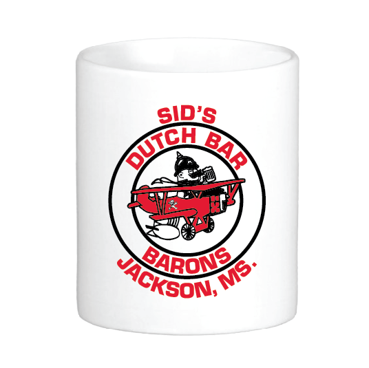 coffee mug featuring the sid's dutch bar barons jackson mississippi logo