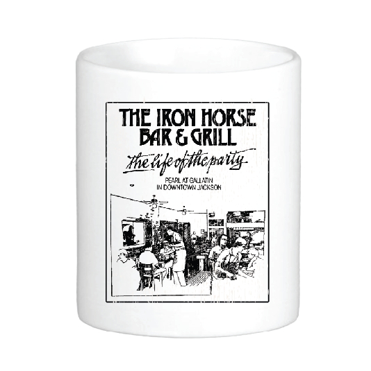 coffee mug  featuring the iron horse bar and grill in downtown jackson mississippi with the slogan the life of the party
