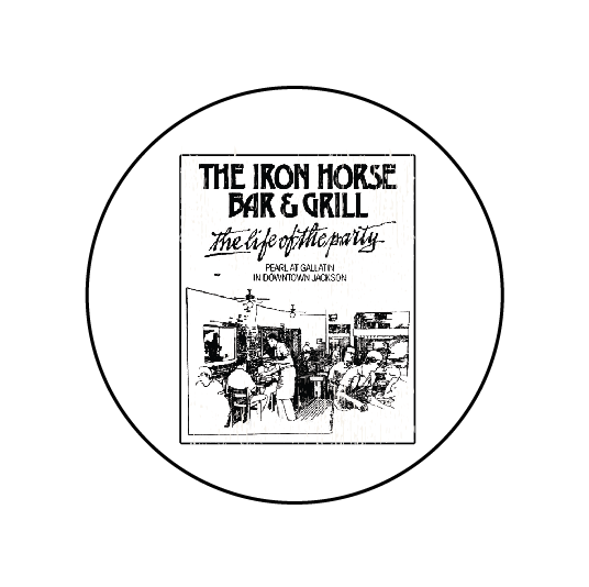 button  featuring the iron horse bar and grill in downtown jackson mississippi with the slogan the life of the party
