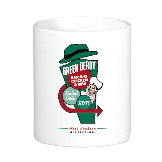 coffee mug featuring the green derby restaurant south west jackson mississippi  logo