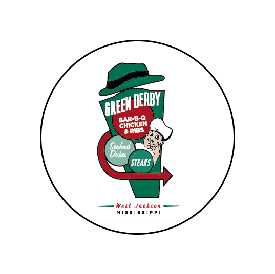 button featuring the green derby restaurant south west jackson mississippi  logo