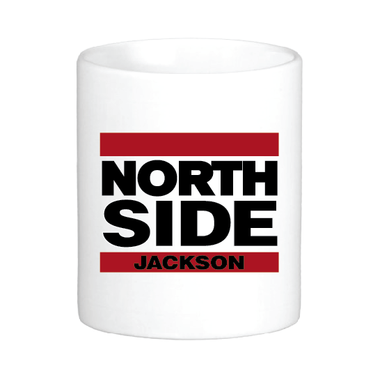 coffee mug with with 2 red bars and north side jackson in between