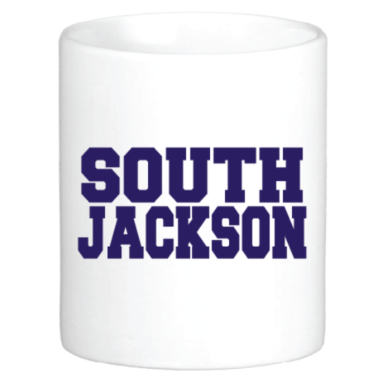 coffee mug featuring south jackson in capitalized block letters