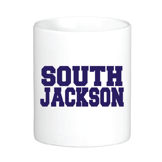 coffee mug featuring south jackson in capitalized block letters