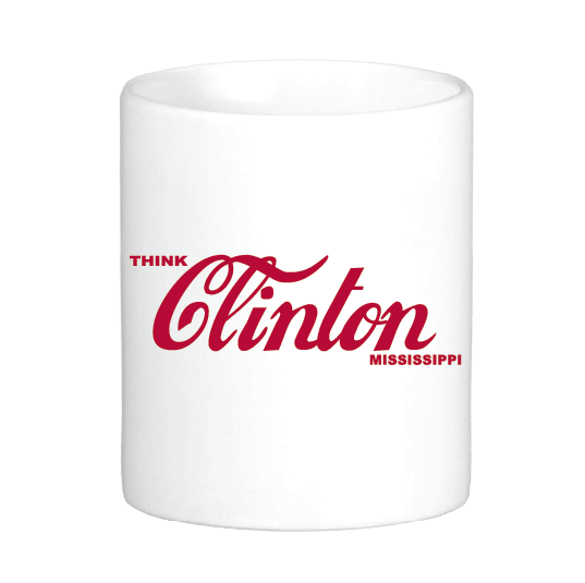 coffee mug with vintage coke logo but it says think clinton mississippi