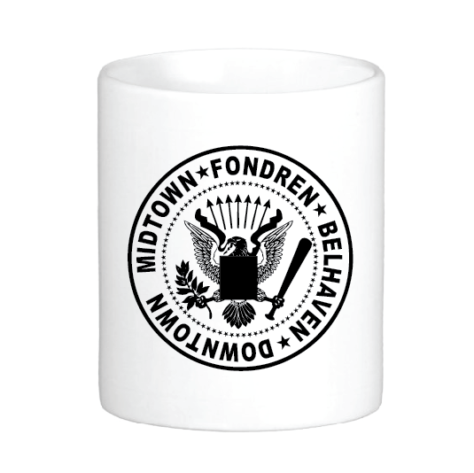 coffee mug featuring the ramones logo with fondren midtown downtown and belhaven neighborhoods around the seal