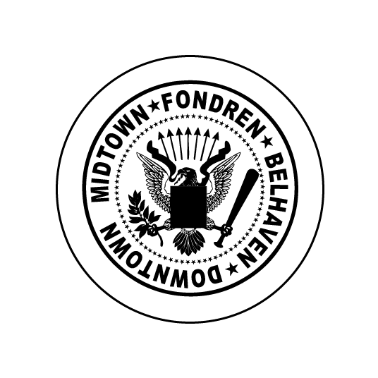 button featuring the ramones logo with fondren midtown downtown and belhaven neighborhoods around the seal