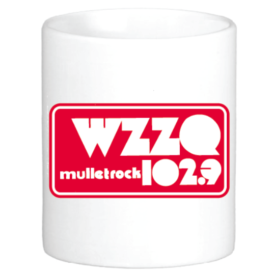 coffee mug featuring the WZZQ 102.9 logo and the slogan MULLET ROCK