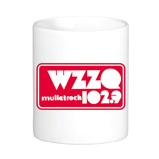 coffee mug featuring the WZZQ 102.9 logo and the slogan MULLET ROCK