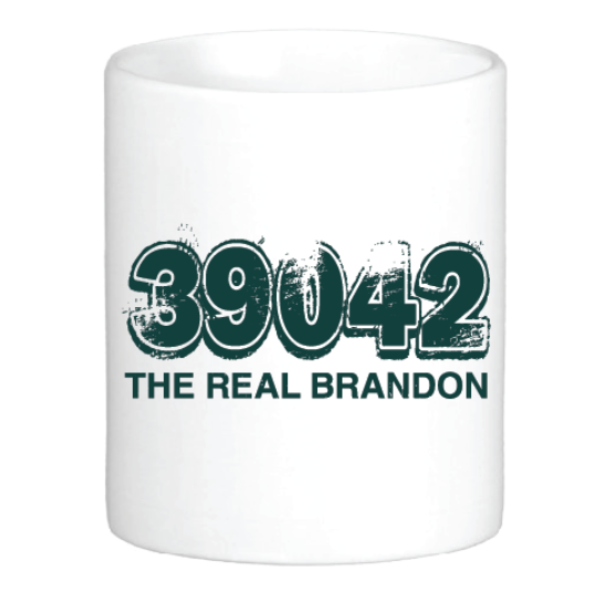 A white mug that reads "39042 The REAL Brandon" in bubbly, graffiti-like text.